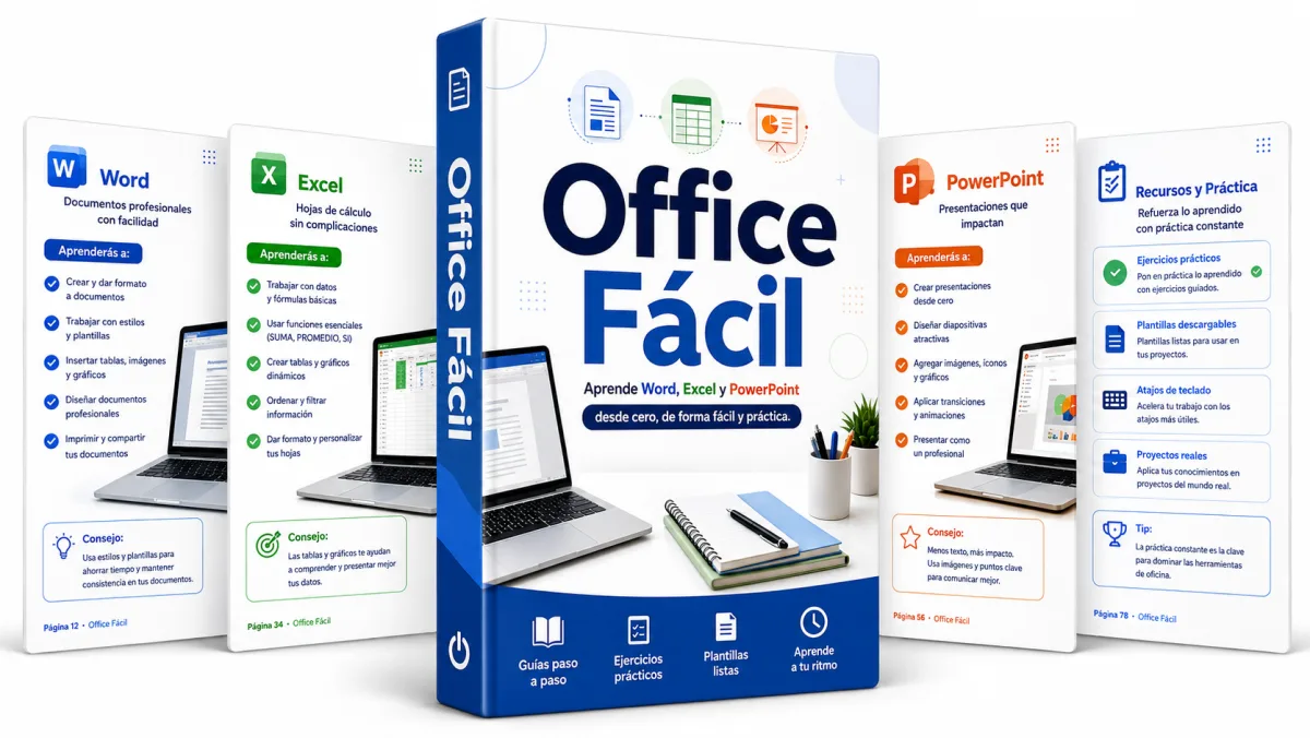 Mockup del kit digital Office Fácil con guías de Word, Excel y PowerPoint