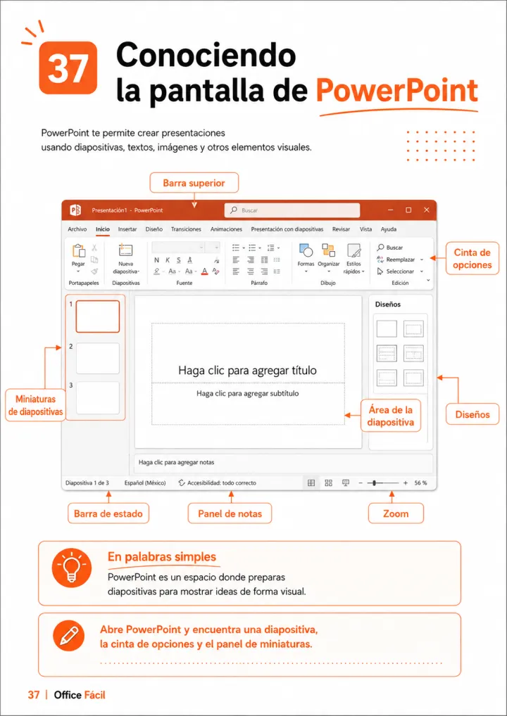 Página del material: conociendo la pantalla de PowerPoint